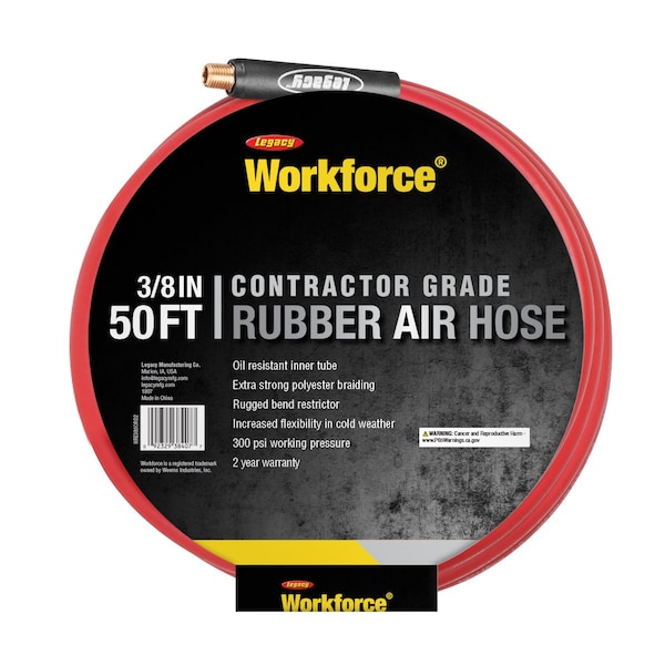 Workforce Air Hose, 3/8in x 50ft, 1/4in Fittings, Red, Rubber HRE3850RD2 - main